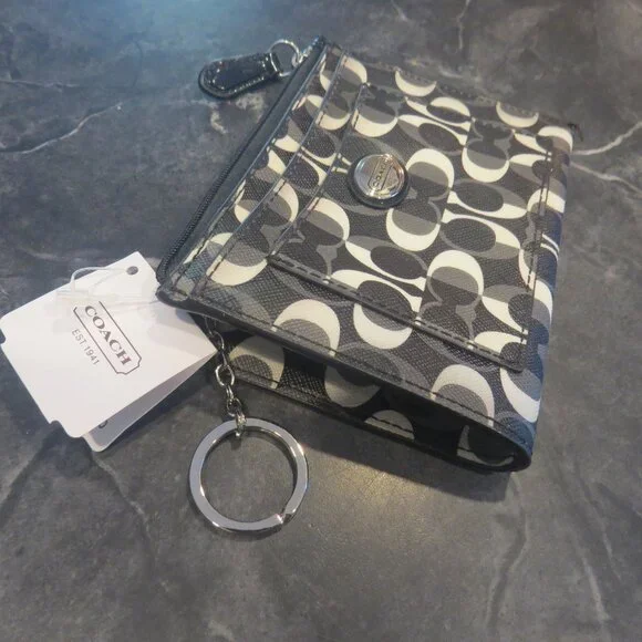 Coach Black White Grey Signature Zip Pouch Keychain Wallet 14.5 x 10 x 2 cm (B1) - Picture 3 of 6
